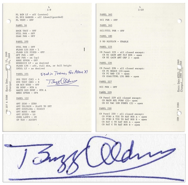 Apollo 11 Launch Checklist Used by the Astronauts During Flight Simulation Training for the Apollo 11 Mission, Signed by Buzz Aldrin -- With Additional Letter of Provenance Also Signed by Aldrin